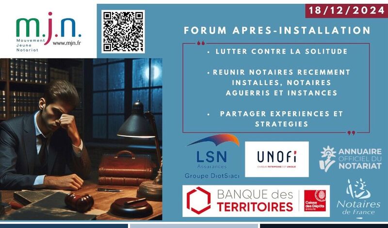 Affiche pour le Forum de l'Après installation par le Mouvement Jeune Notariat, le 18 décembre 2024